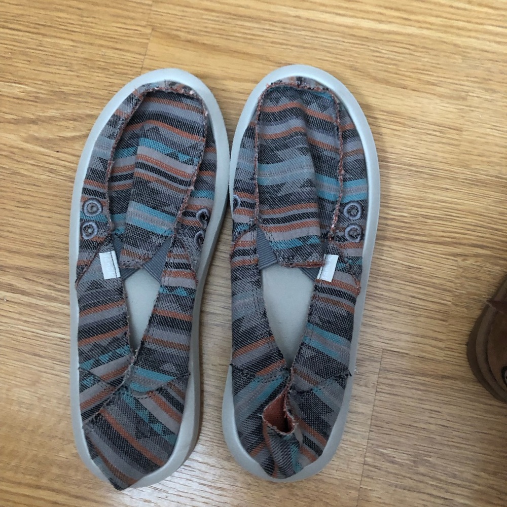 Sanuk Striped Canvas Slip-On Flats in Gray, Teal & Rust